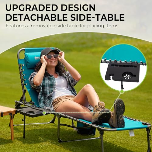 FUNDANGO Folding Chaise Lounge Chair Outdoor, 5 Positions Foldable Beach Lounges Chairs for Adults with Side Table & Pillow for Outside Tanning Pool Camping Patio Lawn (Cyan)