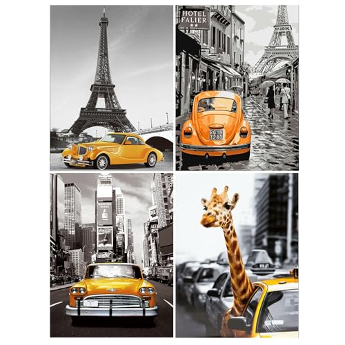 DCIDBEI 30x40CM DIY 4 Lot Peinture Diamant Paysage Gris Jaune, Kit De Point De Croix Diamant Ville, 5D Rond Diamond Painting Voiture, Salon Entrée Chambre...
