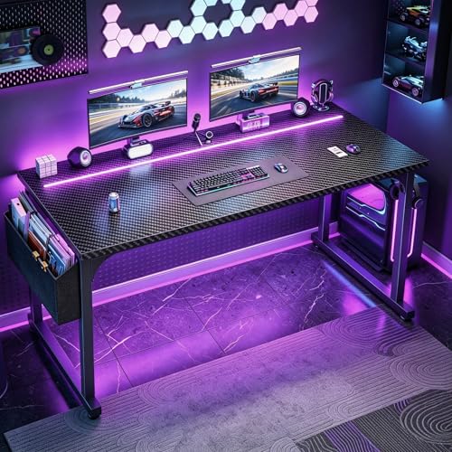 Image of DurayLoly 55 inch Carbon Fiber Gaming Desk, IP65 RGB LED Computer Desk with Side Storage Bag & Headphone Hook, Sturdy Metal Frame Space Saving Home Office Desk for Teens Bedroom Dorm Study Gaming Room