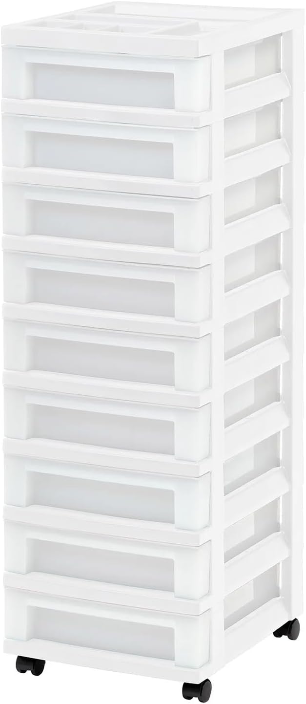 9-Drawer Narrow Plastic Storage Cart with Organizer Top, White Rolling Utility Cart for Office, Craft Room, Bedroom, Space-Saving Drawer Unit for Small Items