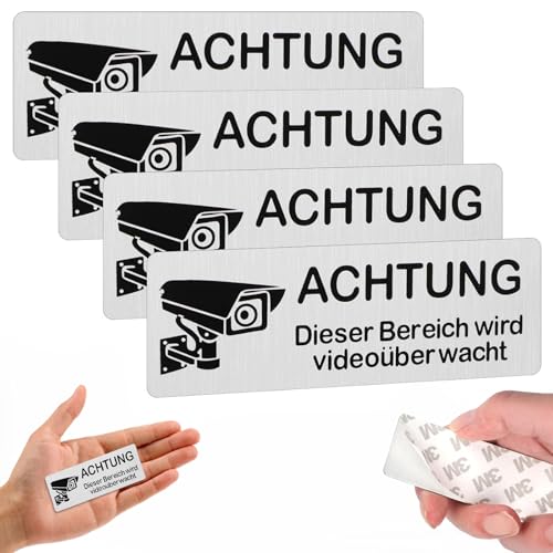 4 Stück Videoüberwachung Schild 8.5x3 cm Aluminium Hinweisschild UV & wetterfest Deutliche Überwachungshinweise Sicherheitskamera Hinweis Schild für Haus Garten Büro Tor und Garage
