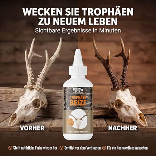 Trophäenbeize 200 ml zum Beizen und natürlichen Nachfärben von Geweih & Horn | Hirschhornbeize und Gehörnbeize für Trophäen aller Art zum Erhalt von natürlichen Farben