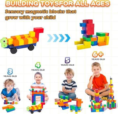 LONEEDY 60-Pack Magnetic Building Block Set with Animal Figures & Magnetic Cart - Magnet Constructions Cubes Educational STEM Toy for Kids 3-8 Years (Color Mixing-60PCS) - image 5