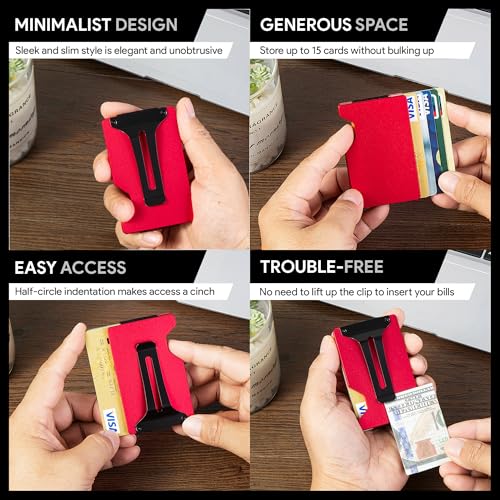 Image of Minimalist Wallet for Men, Slim Metal RFID Blocking Wallet Credit Card Holder Money Clip & Cash Strap, Scratch-Resistant Holds 15 Cards,Ideal Gift for Men | Matte Red