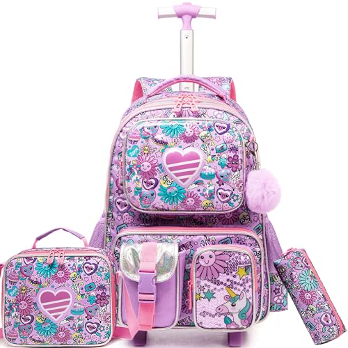 Meetbelify Kids Rolling Backpack with Wheels for Girls Rolling Backpacks with Lunch Box for Elementary School Students 3 in 1 Travel Luggage Suitcase for Girls Age 8-10
