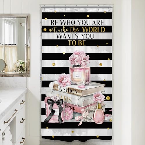 Riyidecor Small Stall Black White Stripe Pink Bathroom Shower Curtain Set