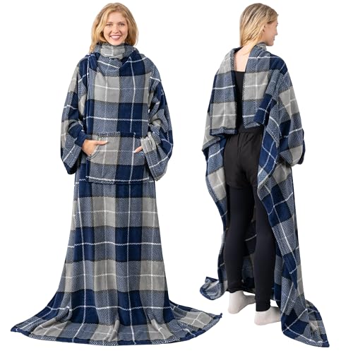 PAVILIA Premium fleece blanket with sleeves for adults, women, men, warm, cozy, extra soft, microplush, functional, lightweight wearable throw (plaid navy, kangaroo pocket)
