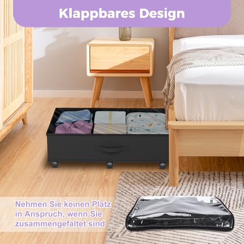 Babenest Unterbettkommode mit 6 Rollen, 2 Stück Faltbare Unterbett Aufbewahrungsbox mit Klarer Deckel Reißverschluss, Under Couch Bettkasten Schuhe, Kleidung, Spielzeug Storage Boxs (Schwarz)