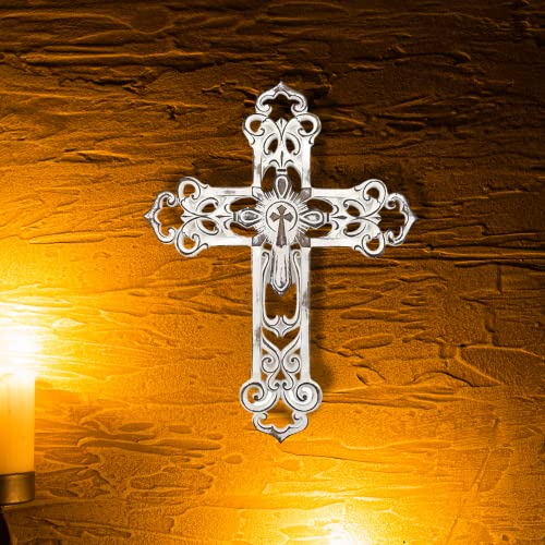 Comfy Hour 13" Polyresin Cross For Wall Antique Style Classic Silver Hollow Out Wall Decoration For Christmas, Communion And Nativity, White, Faith And Hope Collection #TOP2