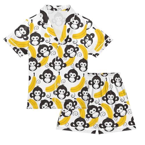Monkey Face Banana Summer Satin Pajama Set, Cute Button-Down Sleepwear Pj Set for Sleep Wears