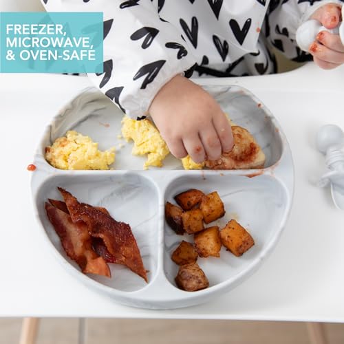 Bumkins Toddler and Baby Suction Plate, Divided Grip Dish for Babies and Kids, Baby Led Weaning, Feeding Supplies, Sticks to Tables and Highchairs, Platinum Silicone, for Chidren 6 Months, Marble by Bumkins - Image 4