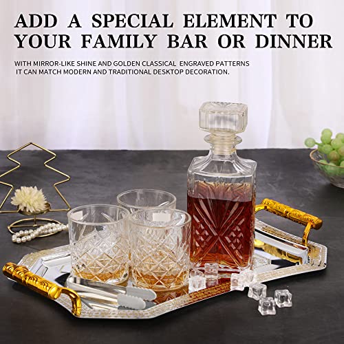 Gurudar Vintage Stainless Steel Serving Tray, 17" X 12", Large Decorative Coffee Tea Food Table Tray With Golden Engraving Pattern & Plastic Handles For Kitchen Restaurant And Bar #TOP2