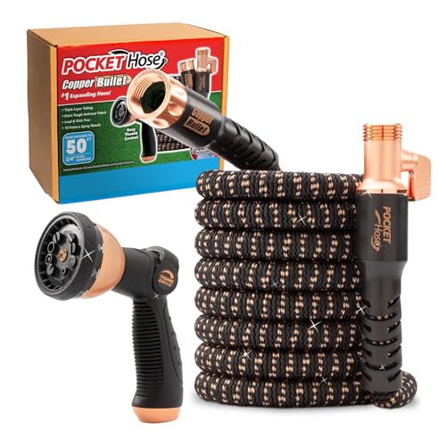 Pocket Hose Copper Bullet Expandable Garden Hose 50 FT w10 Pattern Thumb Spray Nozzle AS SEEN ON TV 650psi 34 in Patented Lead Free Ultra Lightweight Solid Copper Anodized Aluminum Fittings No Kink