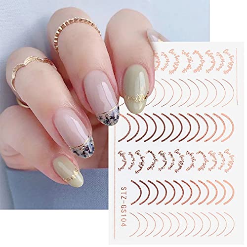 6 Sheets Metal Line Nail Art Stickers Decals,3D Self-Adhesive Curve Lines Straight Lines Smile Letter Gold Silver Rose Gold Design For Acrylic Nail Supplies,Diy Nail Decoration Manicure Accessories #TOP3