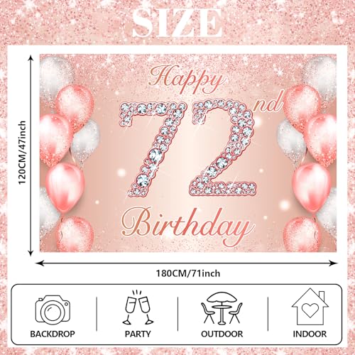 Image of Happy 72nd Birthday Rose Gold Banner Cheers to 72 Years Old Backdrop Confetti Balloons Theme Decor for Women 72 Years Old Pink Birthday Party Decorations Bday Supplies Background Favors Gift Glitter