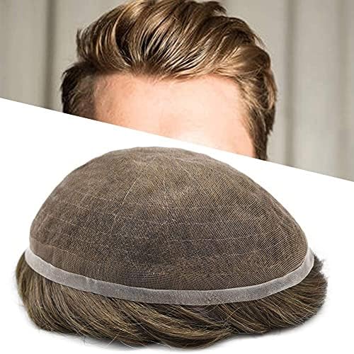 LYRICAL HAIR Full French Lace Toupee for Men Front Bleached Knots Human Hair System Transparent All Lace Hair Replacement Natural Hairline Mens Wigs Hairpieces (8"X10", #410 Medium Brown+10% Gray-110% Light to Medium Density)