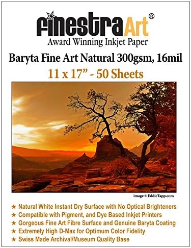 Papel de inyección de tinta natural Baryta Fine Art de 11 x 17 pulgadas, 50 hojas