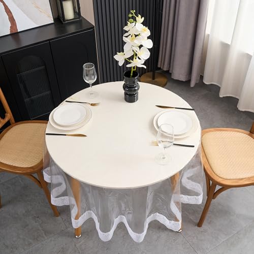 Image of Pioggia Clear Vinyl Tablecloth Protector Transparent Lace Trim Table Cloth - Waterproof, Stain-Resistant,Plastic Cover Decorative - Perfect for Weddings, Parties, and Home Decor (70 Inch Round)