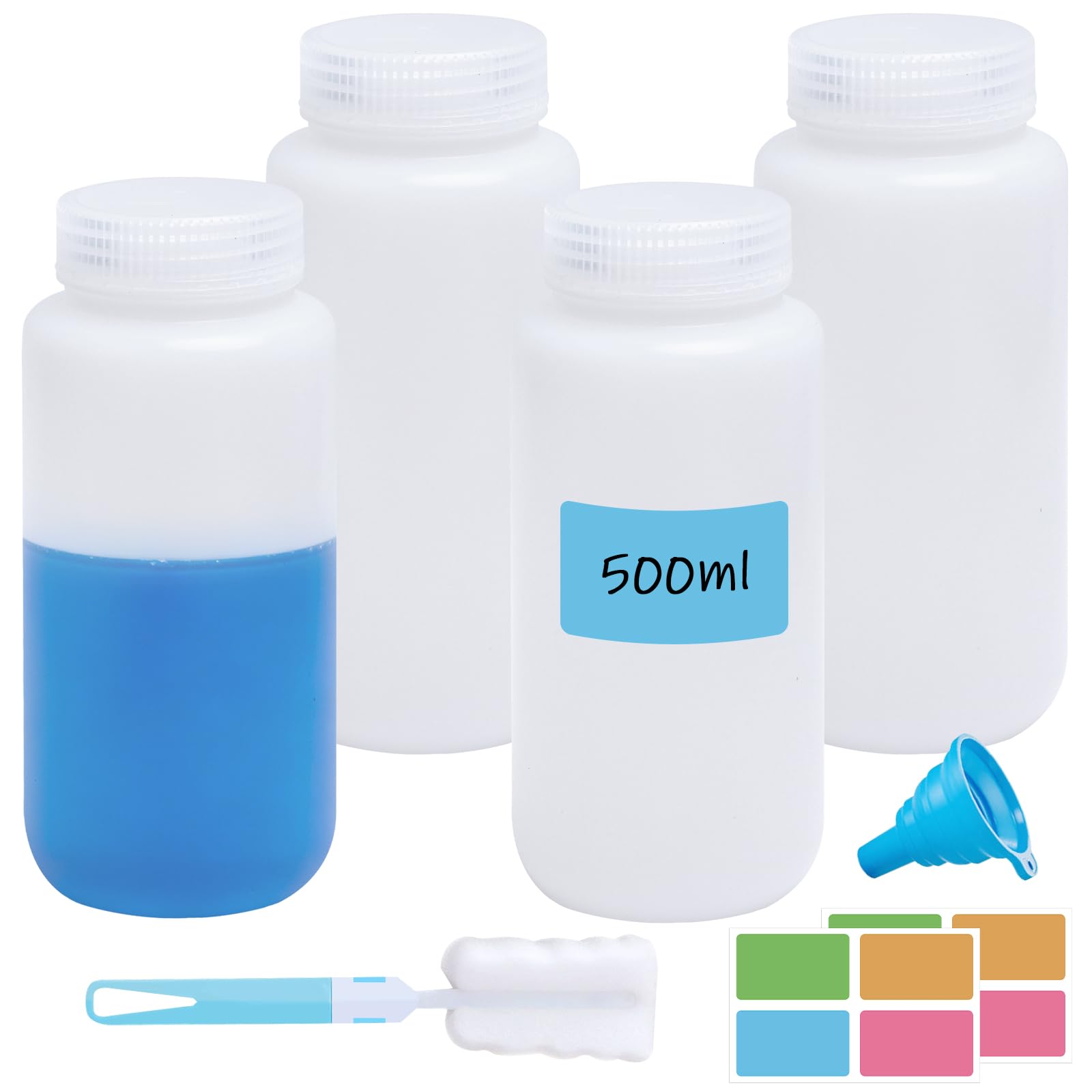 4 szt. 500 ml polipropylenowe butelki na odczynnik jakości laboratoryjnej szerokie usta butelki do przechowywania płynów, do przechowywania płynów, odczynników, kapsułek, proszków