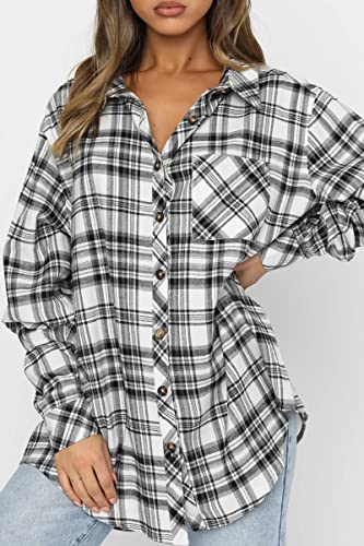 Image of CHYRII Womens Button Down Flannel Shirts Long Sleeve Plaid Shackets Business Casual Blouse Top