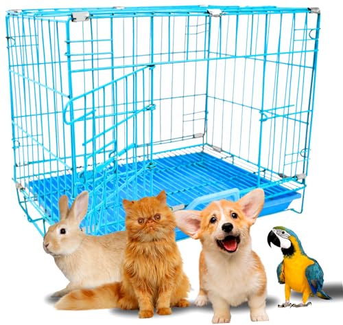 Image of Woofy Dog Cage - Powder Coated, Single Door Folding Metal Cage /Crate /Kennel with Removable Tray and Paw Protector for Dogs, Cats and Rabbits (18 Inch, Blue)