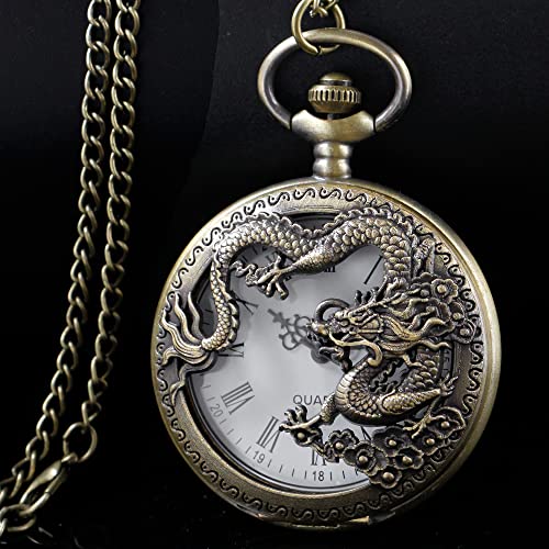 Image of Dragon Design Quartz Pocket Watch Roman Numerals with Chain Birthdays Gifts for Father's Days