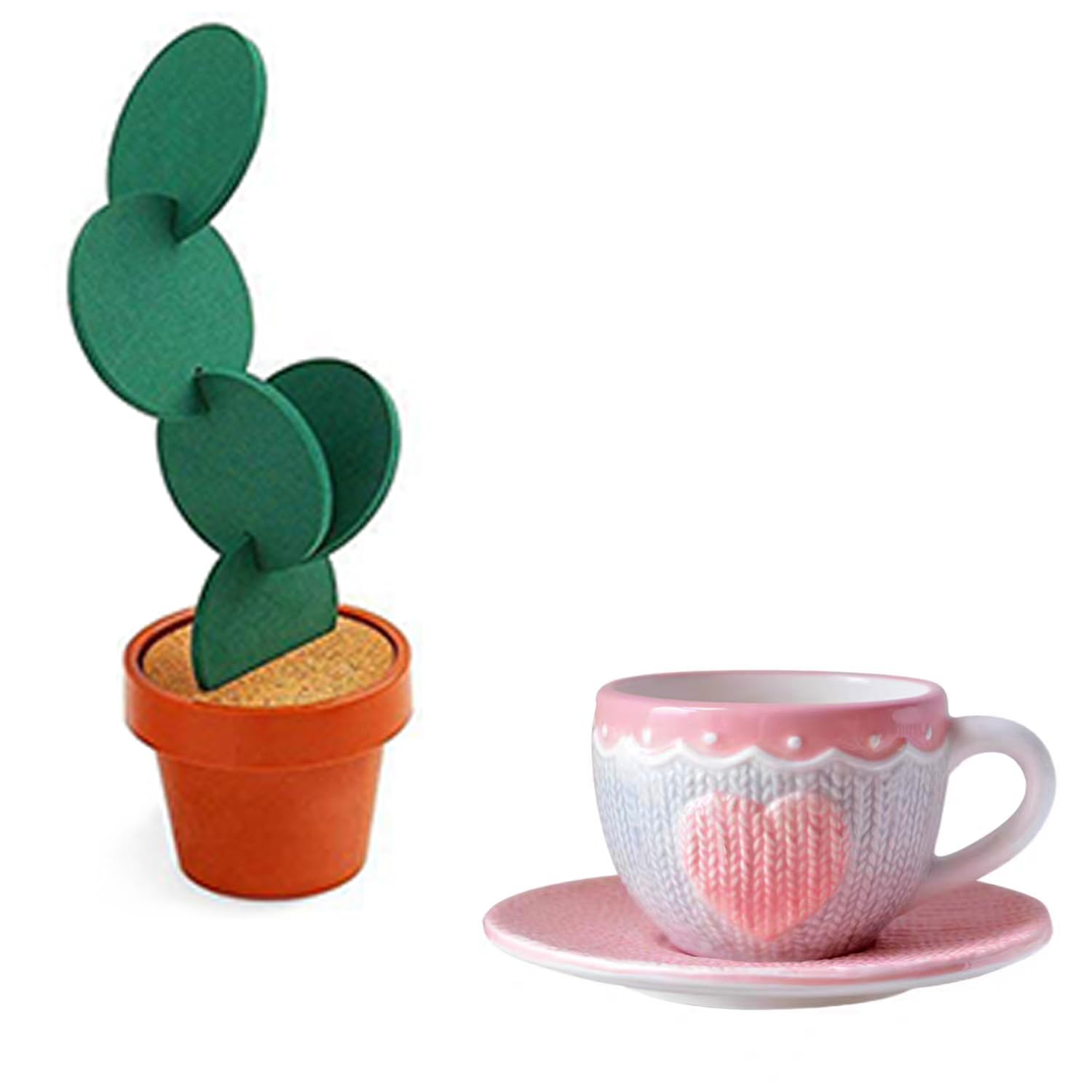 DIY Cactus Coaster Set and Pink Ceramic Mug Cup Set,Exquisite Christmas Gift,Housewarming Gift