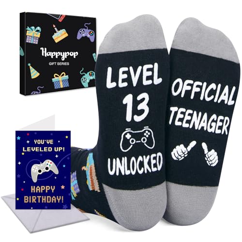 HAPPYPOP 13th Birthday Gift Ideas - Gaming Socks for Teen Boy, Birthday Presents with Greeting Card for 13 Year Olds Official Teenagers