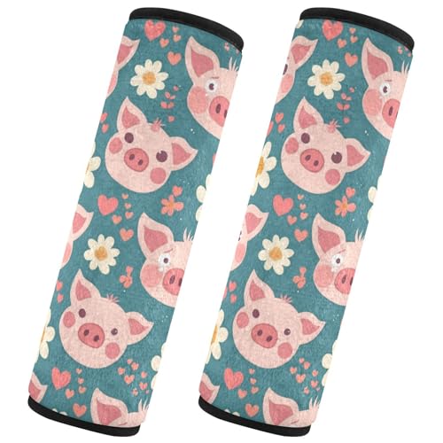 Seat Belt Covers 2 Pack Pink Pig Faces Car Seat Strap Covers Super Soft Flowers Hearts Car Seat Neck Cover for Boys Girls Adults Babies M