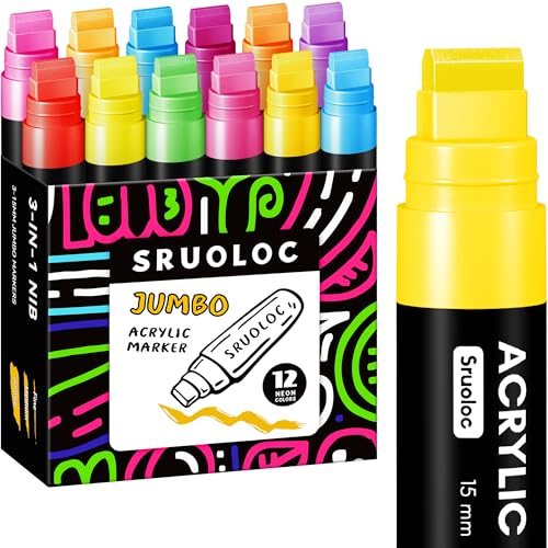 SRUOLOC 12 Neon Colors Jumbo Markers, 15mm Jumbo Felt Tip, ...