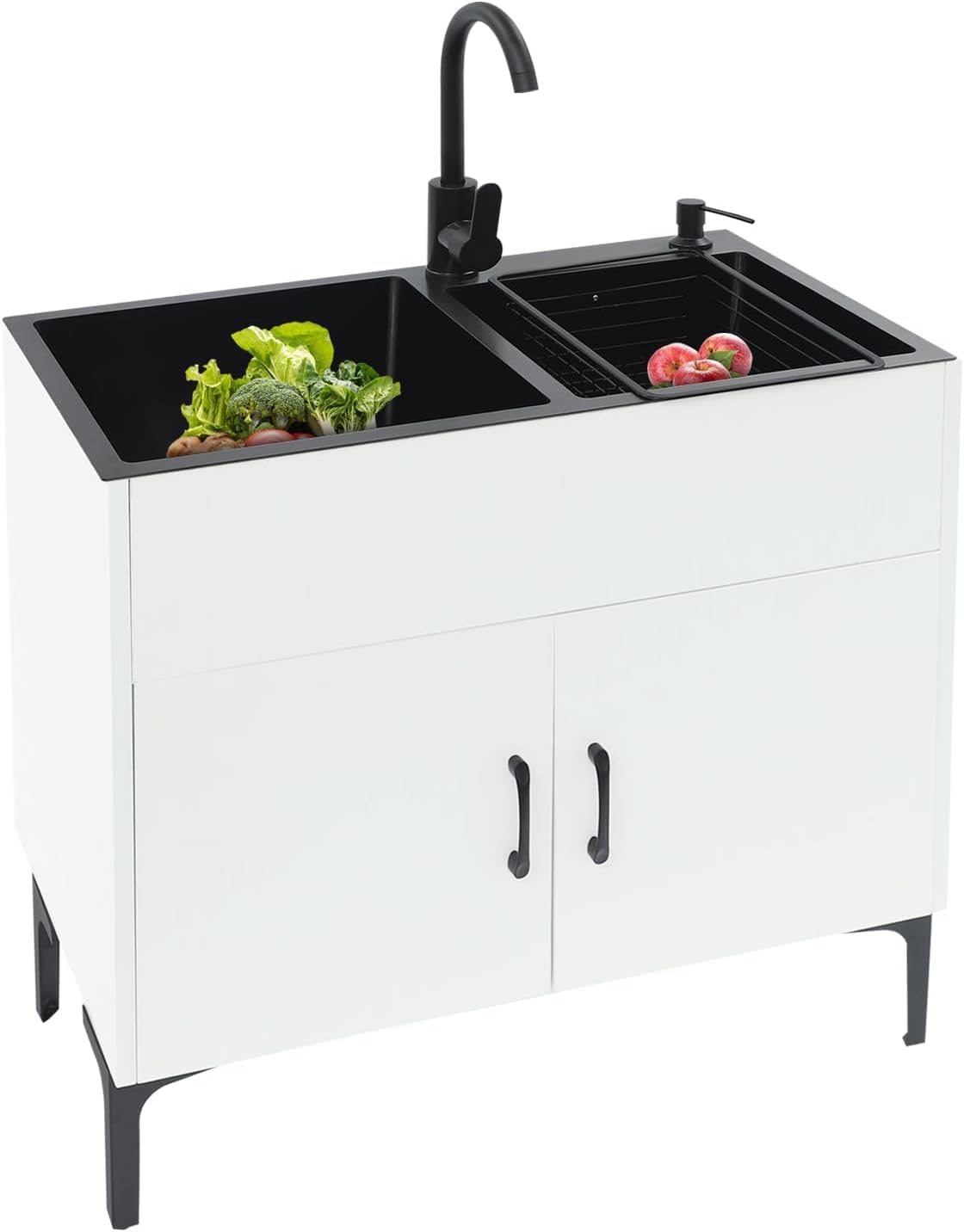 Lavello da cucina autoportante con mobiletto e rubinetto, lavello in acciaio inox con 2 vasche, scolapiatti e unità di scarico, per cucina, giardino, officina, lavanderia, campeggio (bianco)