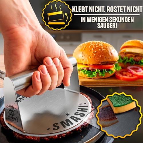 SMASHI® Smash Burger Set aus Edelstahl 304 – Professionelles Set mit Antihaft-Presse, Grillspachtel & Burgerglocke – Mit Rezepten (Basis-Set)
