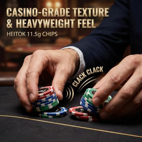 Image of HEITOK 500 Piece Poker Chip Set 11.5g Heavyweight Iron Core Composite Chips with Aluminum Case Playing Cards and Dealer Buttons for Texas Holdem Blackjack Casino Gaming | 11.5g weighted feel for Texas Holdem and Blackjack tables, built for quick rounds, longer sessions and at-home hosting
