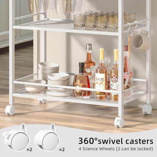 Image of Joaxswe Bar Cart,3-Tier Home Bar Serving Cart with Lockable Wheels,White | Microwave Cart,Mobile Kitchen Shelf,Rolling Beverage Cart with Wine Rack and Glass Holder for Kitchen,Dinning Room