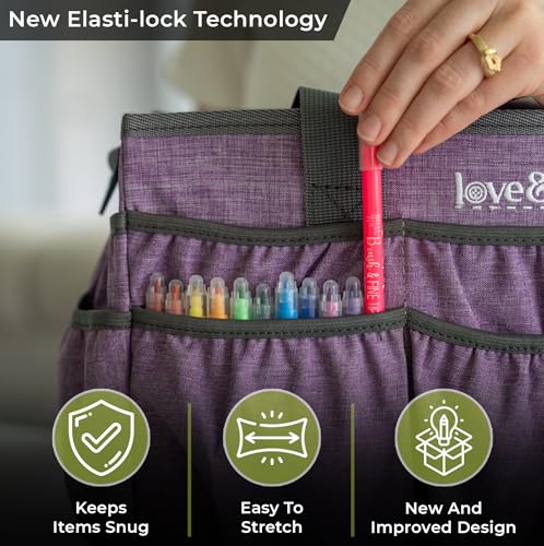 Image of Large Craft Organizer Tote Bag - Art Bag 16 x 7.9 x 9.5 with Elastic Side Pockets to Keep Markers Tidy - Durable Craft Bag Organizer Tote - Caddy Organizer with Handle and Removable Divider (Purple)