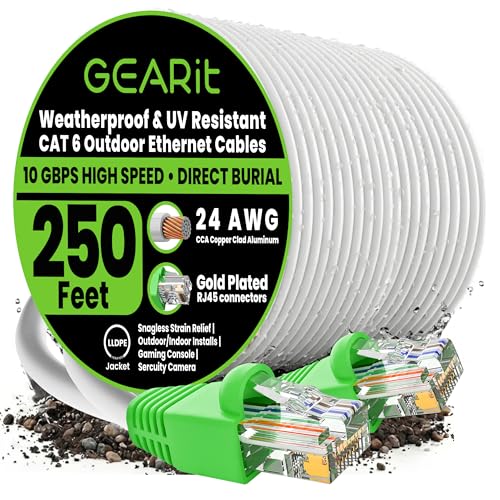 GEARit RJ45 Cat-6 Ethernet Patch Cable 10Gpbs Transfer Speed Gold-Plated Connectors Copper Clad Outdoor UV Resistant Direct Burial Waterproof Durable 250 Foot (76.2 Meters) White