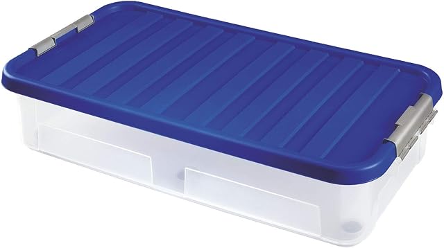 Sterling Ventures Heavy Duty Clear Plastic Multipurpose Underbed Storage Clip Box with Wheels 40L (with Blue Lid)