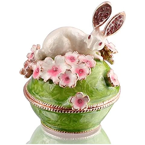 Xinkulas Rabbit on Flower Trinket Jewelry Box Decorative Figurine Animal Keepsake Case (Green) Cover
