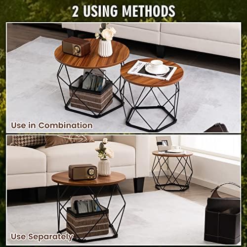 COSTWAY Coffee Tables Set of 2, Round Small Sofa Side Table with Pentagonal Base, Metal Frame Wooden Nightstand Accent End Tea Tables for Living Room, Bedroom and Balcony