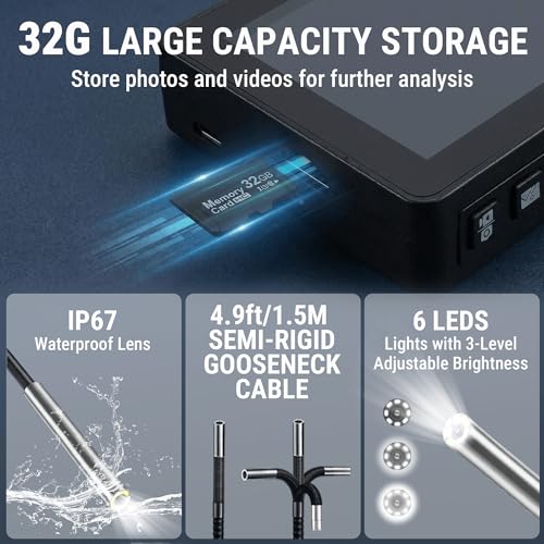Cámara Endoscópica Flexible Articulada 360° con Pantalla IPS de 5", 1080P HD, Cable Semi-rígido de 4.9FT, Impermeable IP67 con 6 Luces para Automotriz y Plomería miniatura 6