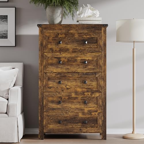Image of BORNOON Tall 5-Drawer Dresser, Modern Wooden Storage Chest of Drawers, Dresser TV Stand, Wood Drawer Organizer with Metal Handles for Bedroom, Living Room, Hallway