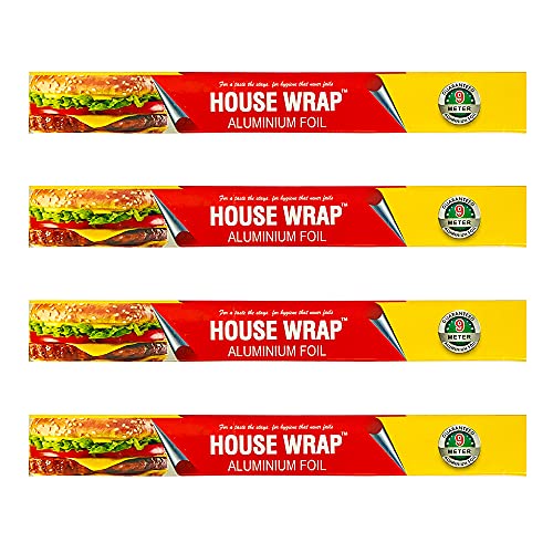 Image of House Wrap Aluminium Foil for Kitchen, Food Packing, Cooking, Baking - 9 Meter Net Guaranteed 11 Microns in thickness for Keeping Food Warm (Pack of 4)