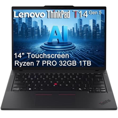 Image of Lenovo ThinkPad T14 Gen 5 Business AI PC Laptop (14 inch FHD+ Touchscreen, AMD Ryzen 7 PRO 8840U (> Intel i7-1355U), 32GB DDR5, 1TB SSD), 2x Thunderbolt 4, Backlit, Fingerprint, IR Webcam, Win 11 Pro