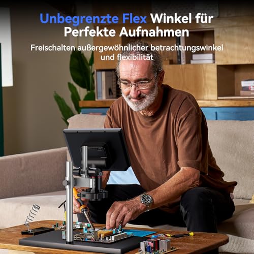 TOMLOV TM4K-AF Max Autofokus Digital Mikroskop 2000X, 4K 10,1 IPS-Schwenkarm-Lötmikroskop für Erwachsene, 52MP HDMI-Mikroskopkamera für Münzen und Löten, mit Ringlicht, PC/TV-kompatibel, 64GB