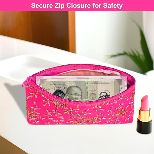 Image of Kuber Industries 2 Pcs Polyester Hand Purse for Woman with Zip | Lightweight & Compact Ladies Purse /Wallet for Travelling, Party, Wedding & Events | Embroidery Design - Pink