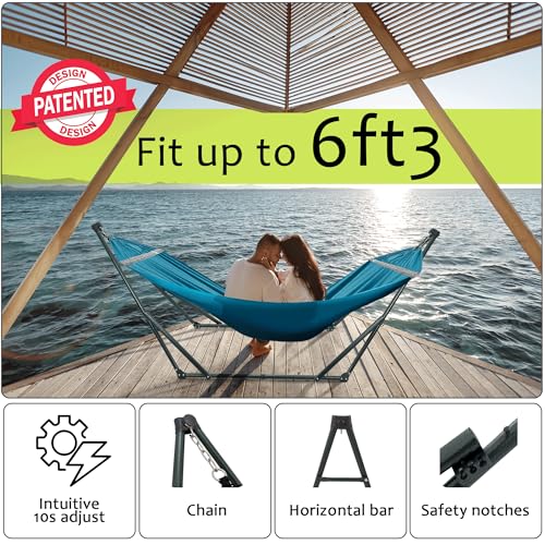 Image of Tranquillo Ultimate Relaxation Portable Hammock Stand with Cotton Canvas Net, Spreader Bar, Quick Fold Unfold in 30 Seconds Steel Frame Hammock 600 lbs Capacity Outdoor, Blue