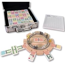 Mexican Train Dominoes Set Double 15 Color Dots with Wooden Hub 8 Metal Trains and Aluminum Case