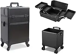 Maleta Mala de Maquiagem Profissional Com Divisórias e Rodinha 360 Graus 2 Andar Preta MS814 914P
