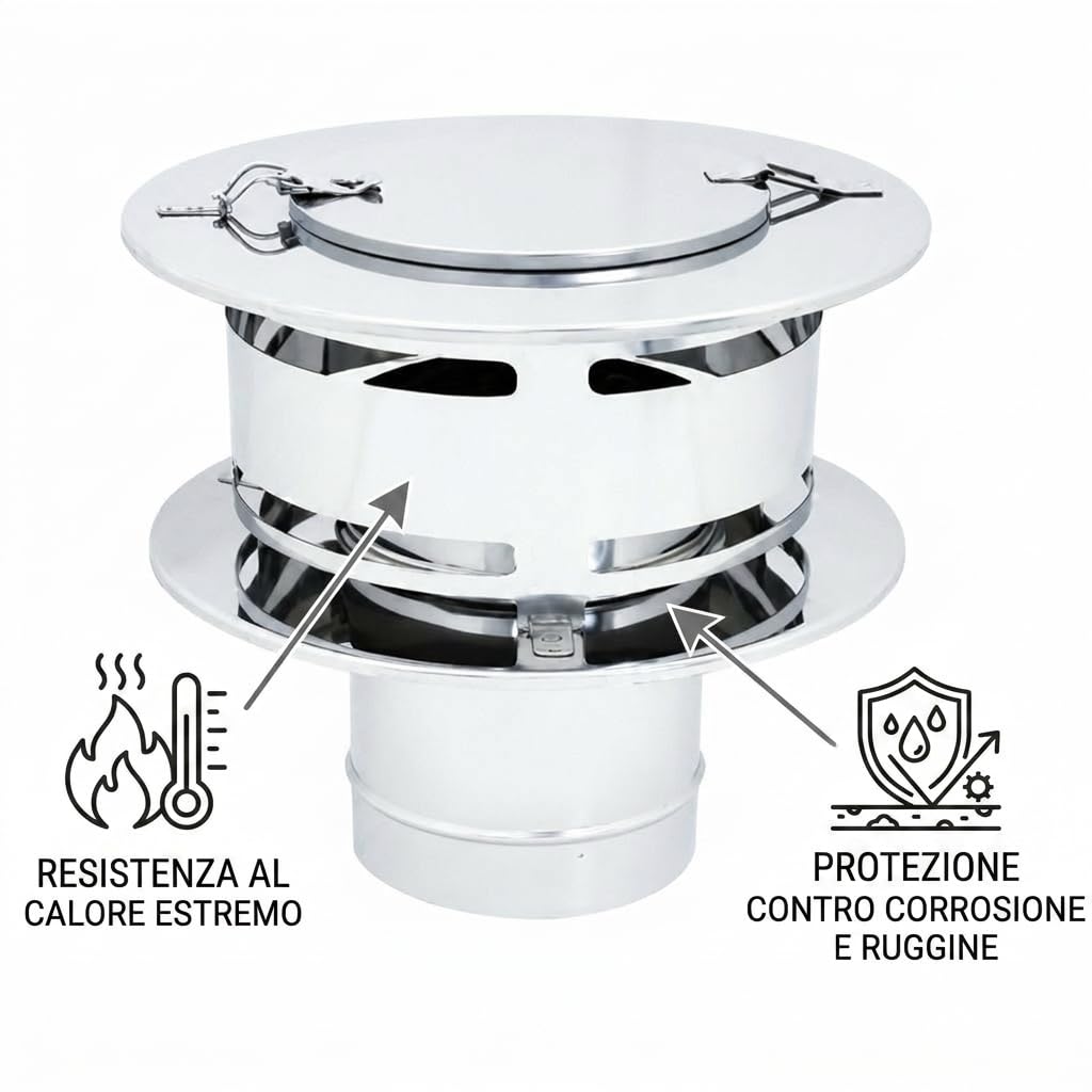 MAKA Comignolo Anti Intemperie con Ispezione, Terminale in Acciaio Inox per Canna Fumaria Camino Stufa a Legna Pellet e Gas, Cappello Antivento con Apertura Ispezione (Ø 160 mm)