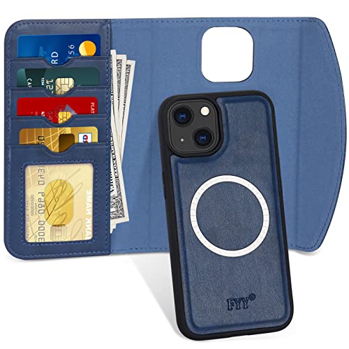 FYY Etui Coque iPhone 14 Plus, [Prise en Charge de la Charge magsafe], 2 en 1 Étui Portefeuille Magnétique Amovible avec à Fentes pour Cartes pour Apple iPhone 14 Plus 6.7" 2022 Blue